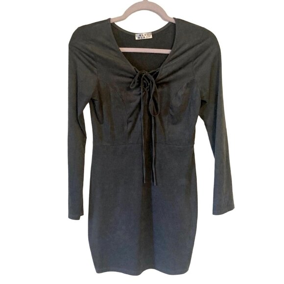 Y2K Blue Blush Tie Front Fitted Gray Mini Dress Faux Suede Long Sleeves Medium - Picture 7 of 7
